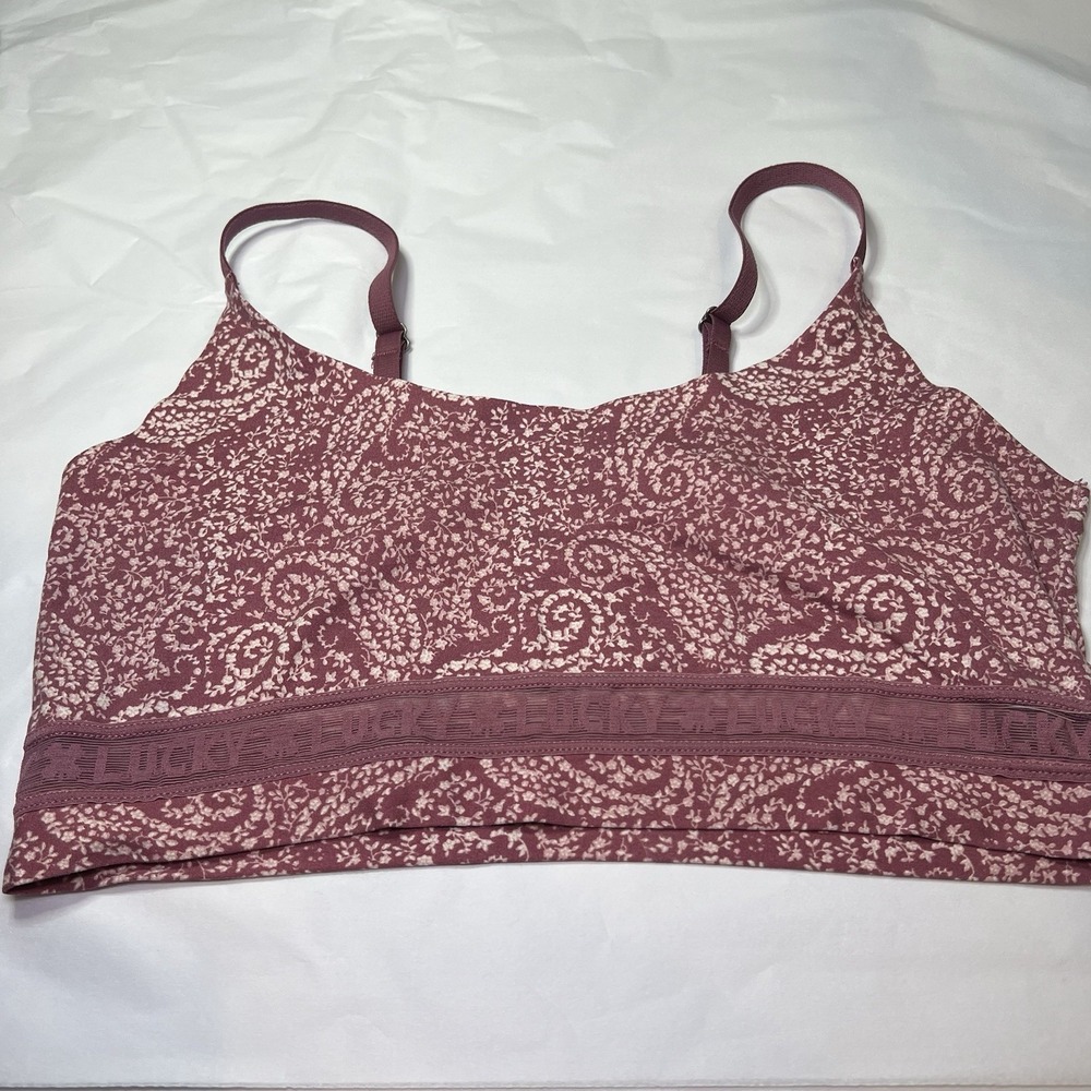 Lucky Brand Womens Bra M White Mauve Logo Adjustable Straps Sports Bralette